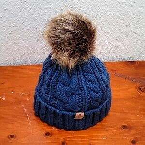 Redess Cable Knit Beanie Women OS Blue Faux Fur‎ Pom Pom Fleece Lined Winter Hat